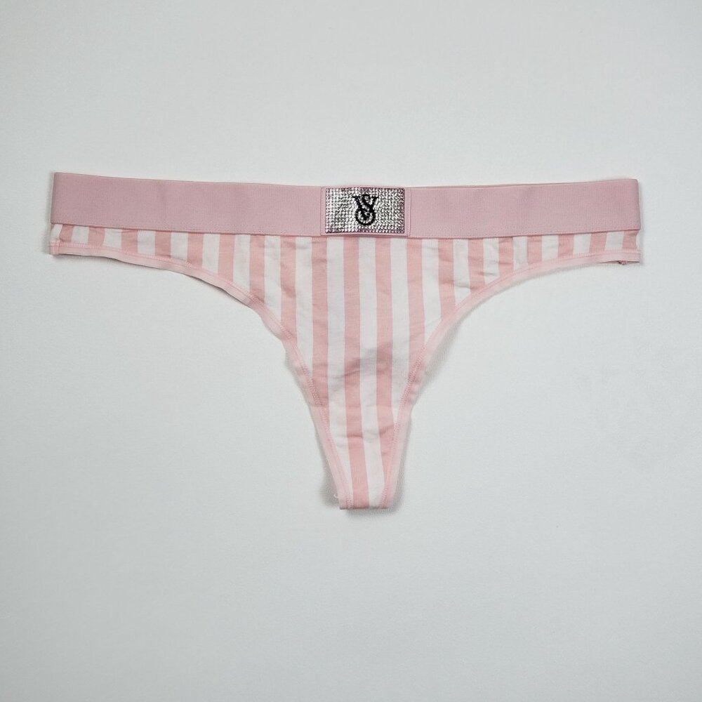 Victoria's Secret Shine Patch Thong Panty Womens Medium VS Signature Pink Stripe - Picture 12 of 14
